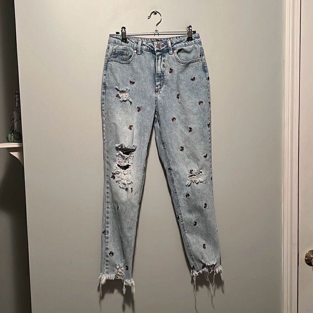 Material Girl Womens Light Wash Blue Distressed Butterfly Embroidered Hi Rise Je